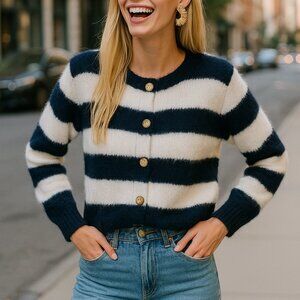 Hem and Thread Blue and White Striped Crop Cardigan Eyelash Yarn - NWT